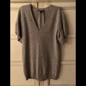 BCBGMaxazria. Gray long knit v neck sweater.
